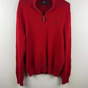 Polo Ralph Lauren Mens M Red Quarter Zip Sweater 100% Cotton Pullover Logo
